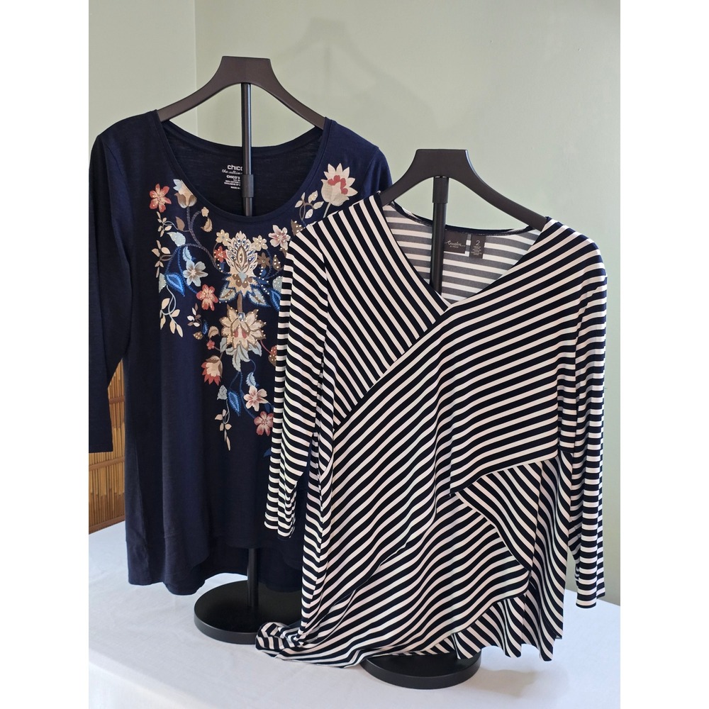 Chicos Womens Top Bundle Navy Floral Embroidered Tee & Striped Travelers Top